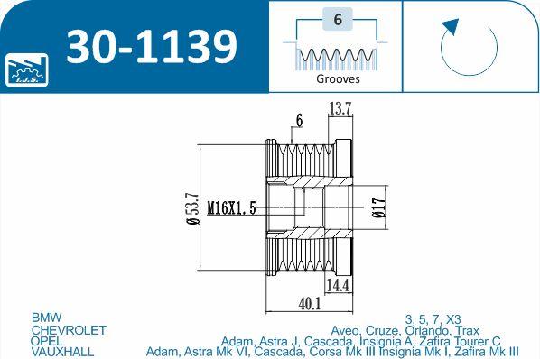 IJS GROUP 30-1139 - Pulley, alternator, freewheel clutch autospares.lv