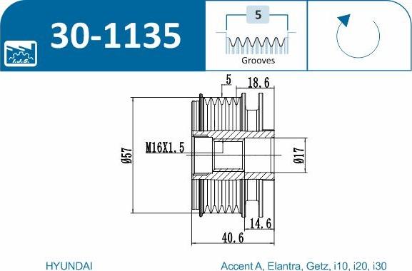 IJS GROUP 30-1135 - Pulley, alternator, freewheel clutch autospares.lv