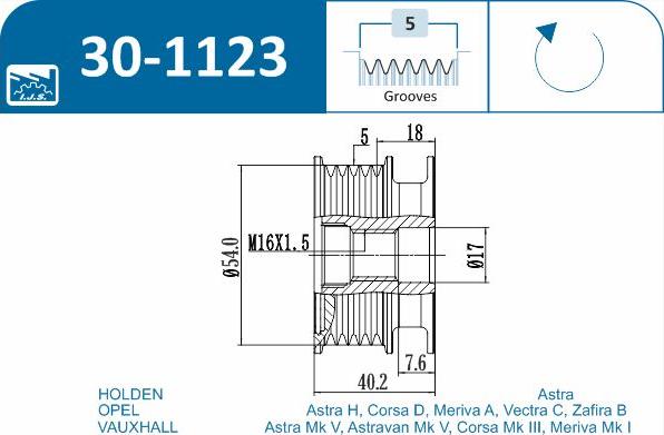 IJS GROUP 30-1123 - Pulley, alternator, freewheel clutch autospares.lv