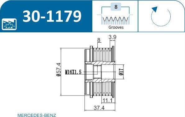 IJS GROUP 30-1179 - Pulley, alternator, freewheel clutch autospares.lv