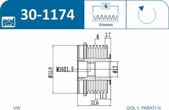 IJS GROUP 30-1174 - Pulley, alternator, freewheel clutch autospares.lv