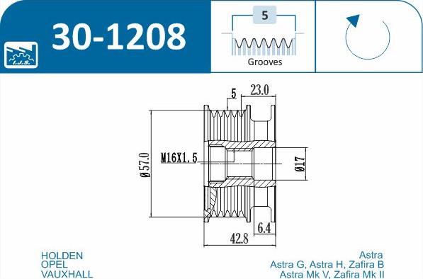 IJS GROUP 30-1208 - Pulley, alternator, freewheel clutch autospares.lv