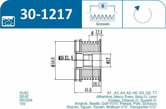 IJS GROUP 30-1217 - Pulley, alternator, freewheel clutch autospares.lv