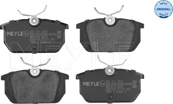 Meyle 025 211 0314 - Brake Pad Set, disc brake autospares.lv