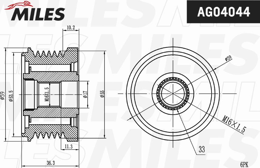 Miles AG04044 - Pulley, alternator, freewheel clutch autospares.lv