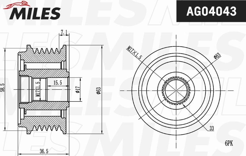 Miles AG04043 - Pulley, alternator, freewheel clutch autospares.lv