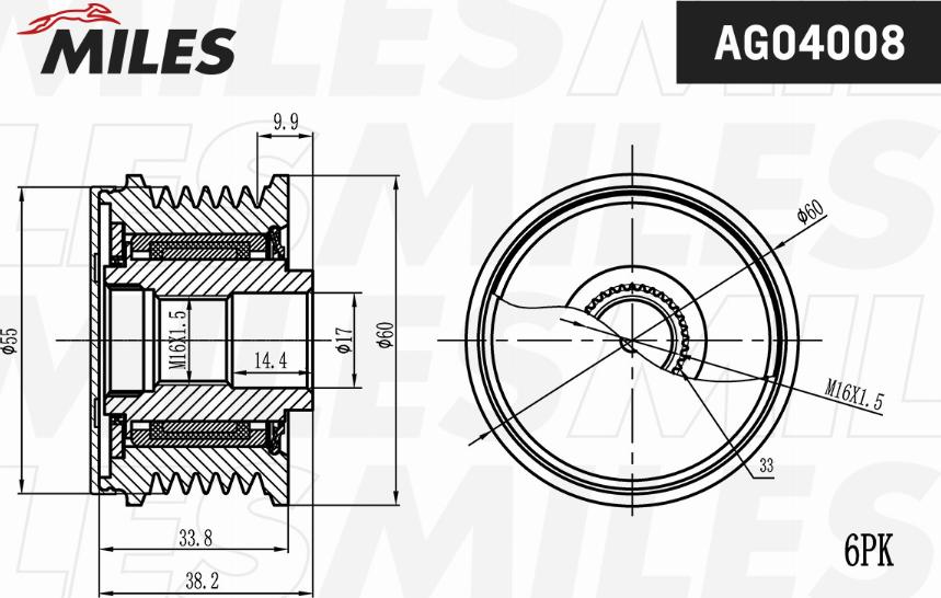 Miles AG04008 - Pulley, alternator, freewheel clutch autospares.lv