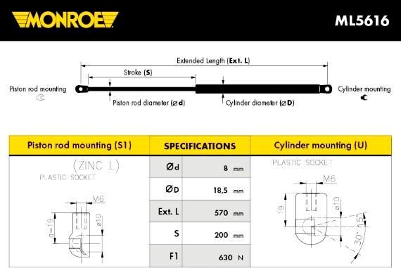 Monroe ML5616 - Gas Spring, boot, cargo area autospares.lv