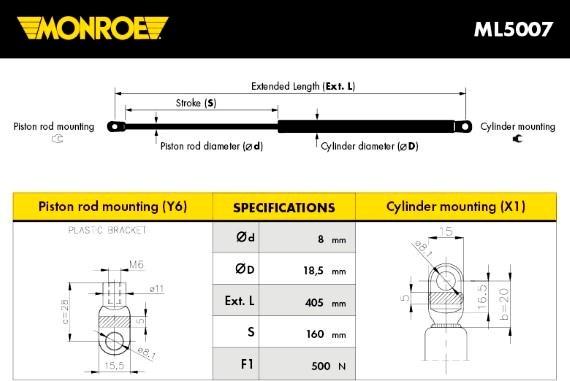 Monroe ML5007 - Gas Spring, boot, cargo area autospares.lv