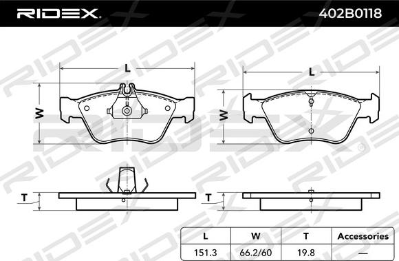 RIDEX 402B0118 - Brake Pad Set, disc brake autospares.lv