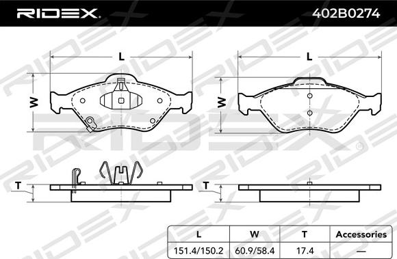 RIDEX 402B0274 - Brake Pad Set, disc brake autospares.lv