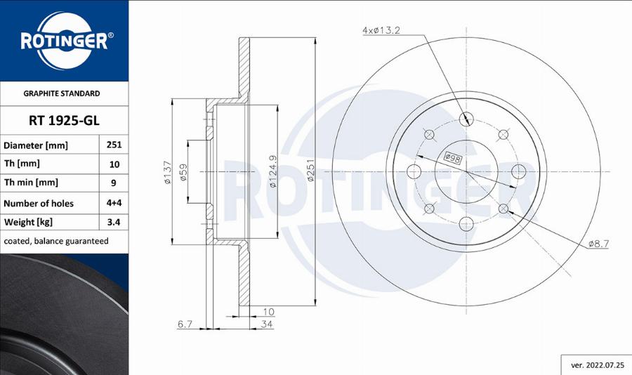 Rotinger RT 1925-GL - Brake Disc autospares.lv