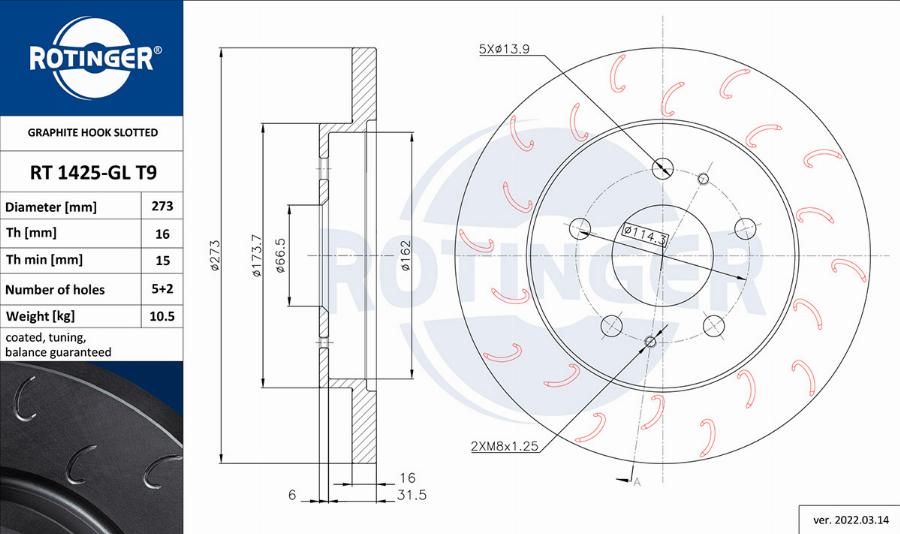 Rotinger RT 1425-GL T9 - Brake Disc autospares.lv