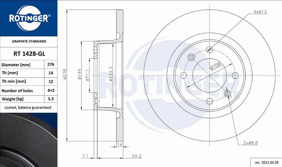 Rotinger RT 1428-GL - Brake Disc autospares.lv