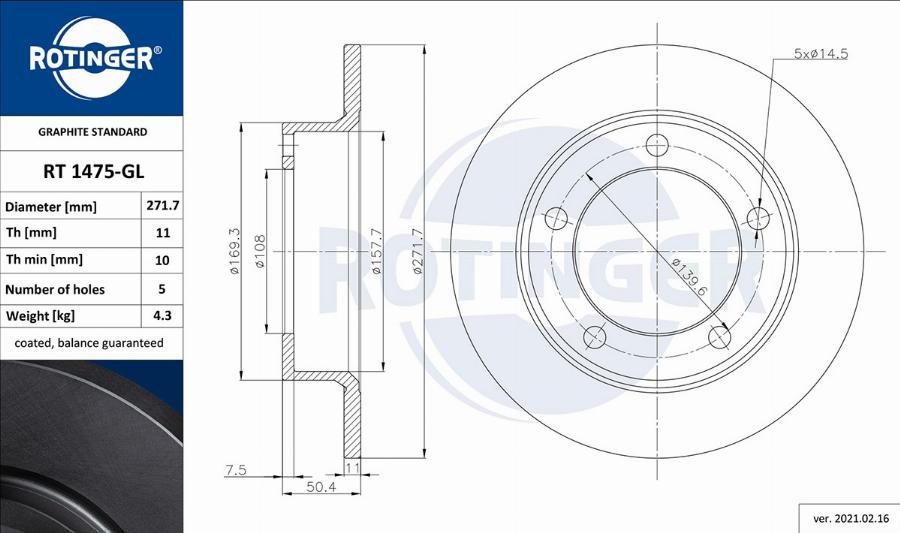 Rotinger RT 1475-GL - Brake Disc autospares.lv