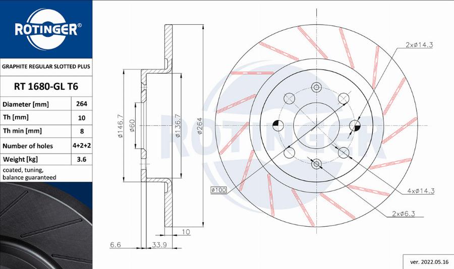 Rotinger RT 1680-GL T6 - Brake Disc autospares.lv