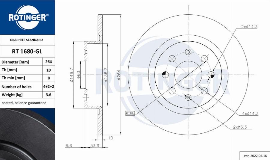 Rotinger RT 1680-GL - Brake Disc autospares.lv