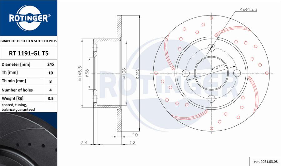 Rotinger RT 1191-GL T5 - Brake Disc autospares.lv