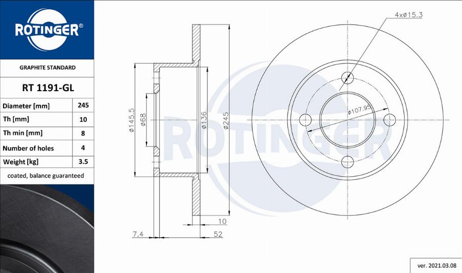 Rotinger RT 1191-GL - Brake Disc autospares.lv