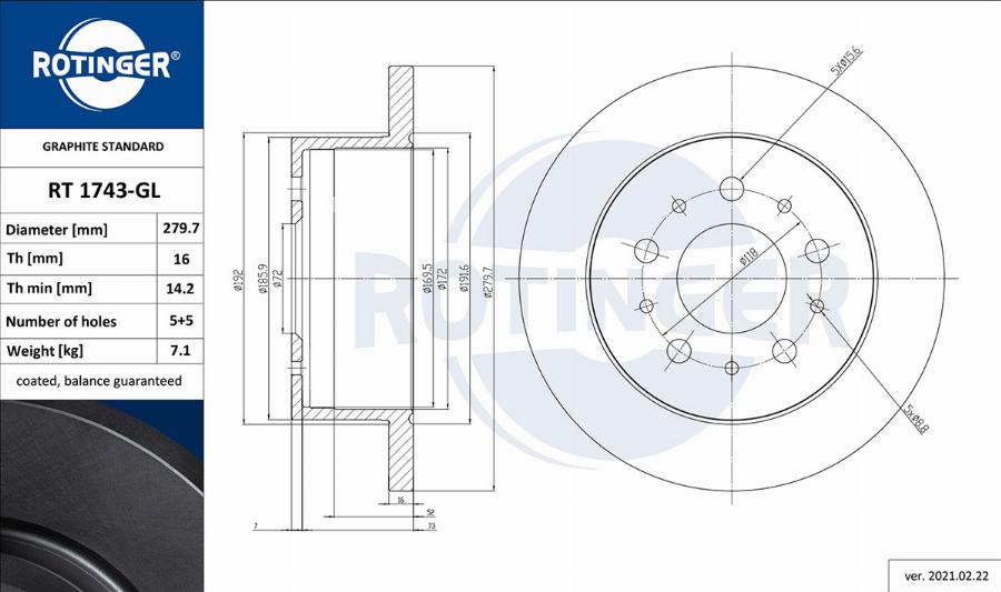 Rotinger RT 1743-GL - Brake Disc autospares.lv