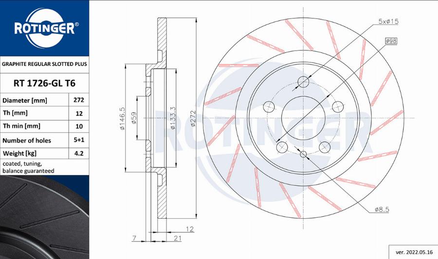 Rotinger RT 1726-GL T6 - Brake Disc autospares.lv