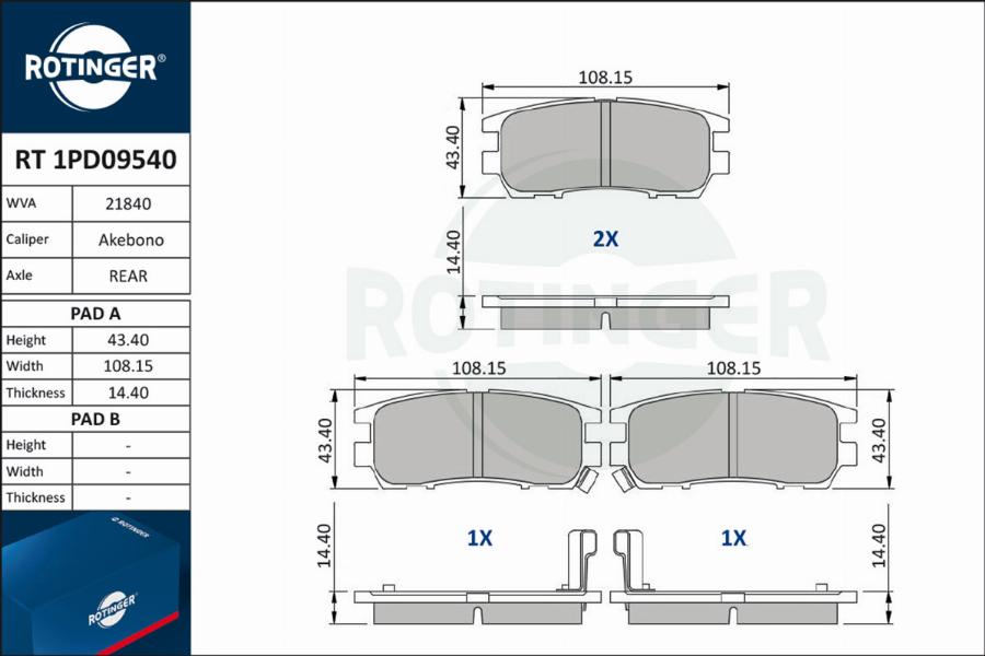 Rotinger RT 1PD09540 - Brake Pad Set, disc brake autospares.lv