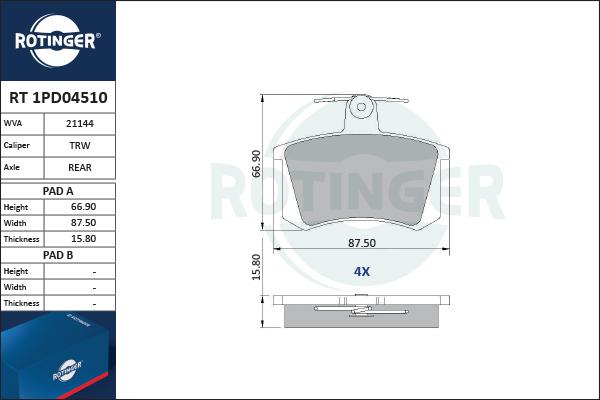 Rotinger RT 1PD04510 - Brake Pad Set, disc brake autospares.lv