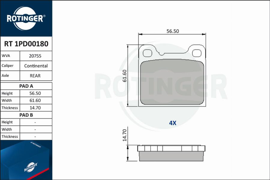 Rotinger RT 1PD00180 - Brake Pad Set, disc brake autospares.lv