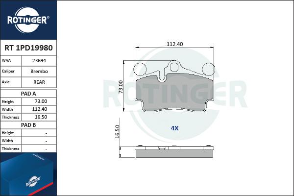 Rotinger RT 1PD19980 - Brake Pad Set, disc brake autospares.lv