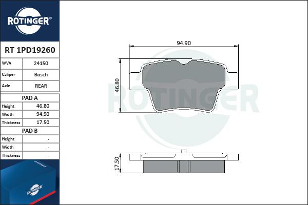 Rotinger RT 1PD19260 - Brake Pad Set, disc brake autospares.lv