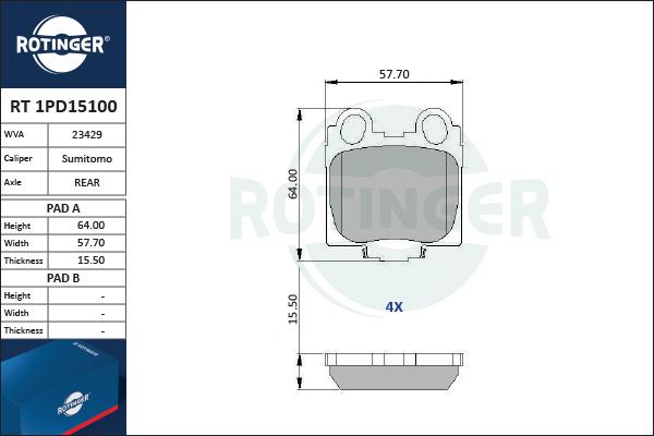 Rotinger RT 1PD15100 - Brake Pad Set, disc brake autospares.lv