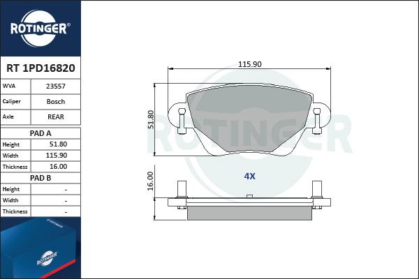 Rotinger RT 1PD16820 - Brake Pad Set, disc brake autospares.lv