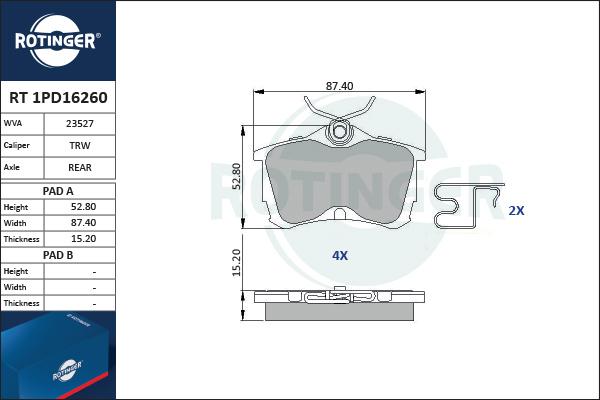 Rotinger RT 1PD16260 - Brake Pad Set, disc brake autospares.lv