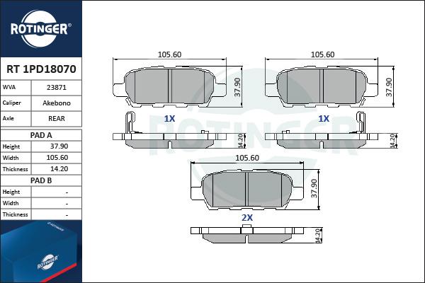 Rotinger RT 1PD18070 - Brake Pad Set, disc brake autospares.lv