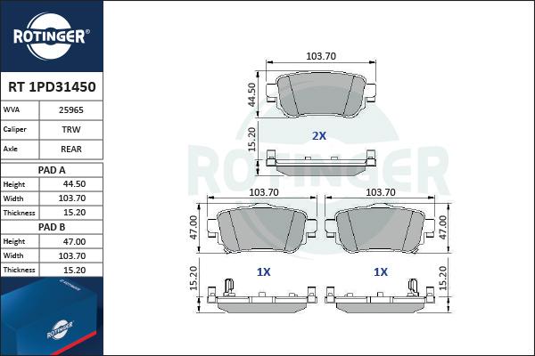 Rotinger RT 1PD31450 - Brake Pad Set, disc brake autospares.lv