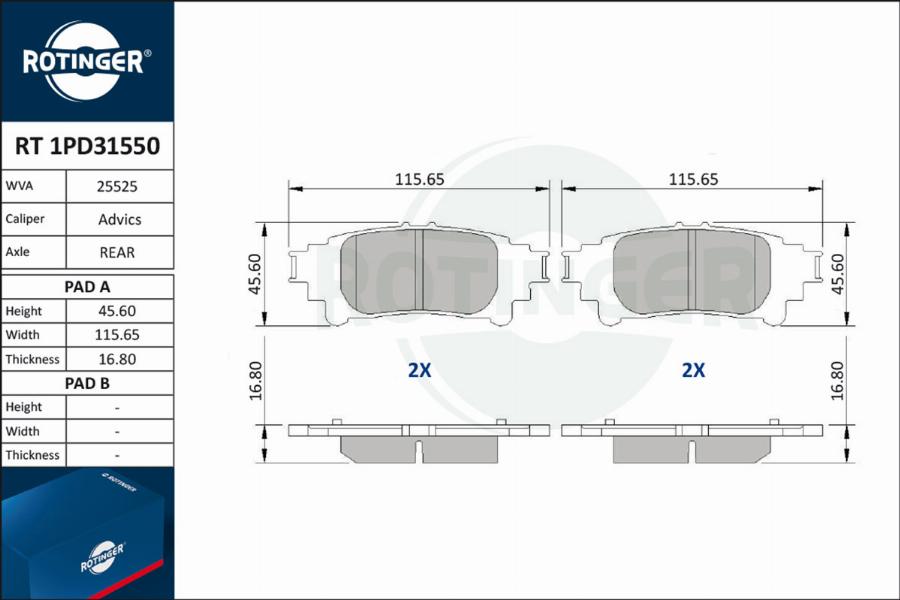 Rotinger RT 1PD31550 - Brake Pad Set, disc brake autospares.lv