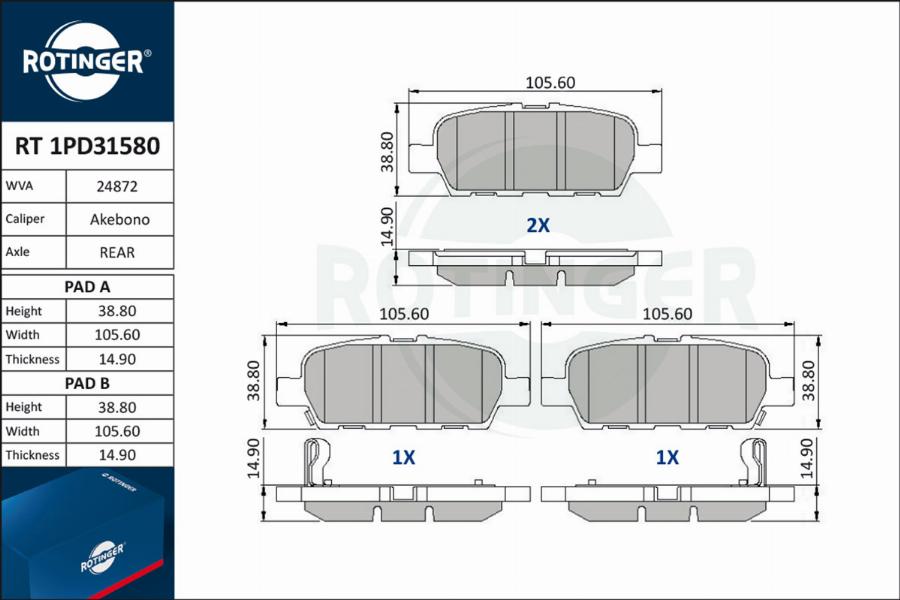 Rotinger RT 1PD31580 - Brake Pad Set, disc brake autospares.lv