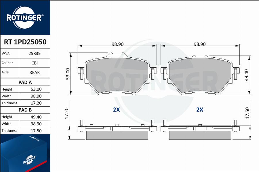 Rotinger RT 1PD25050 - Brake Pad Set, disc brake autospares.lv