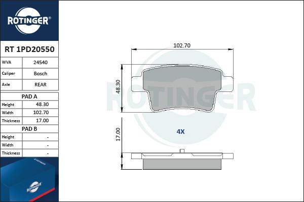 Rotinger RT 1PD20550 - Brake Pad Set, disc brake autospares.lv