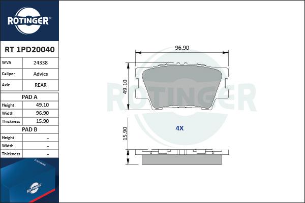 Rotinger RT 1PD20040 - Brake Pad Set, disc brake autospares.lv