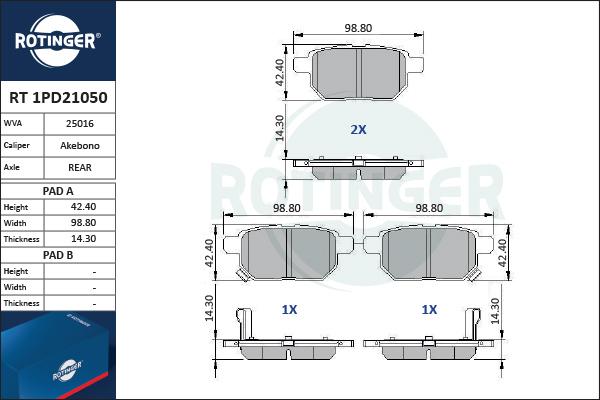 Rotinger RT 1PD21050 - Brake Pad Set, disc brake autospares.lv