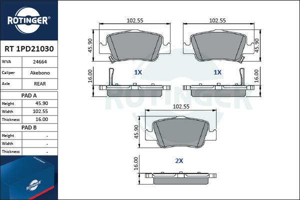 Rotinger RT 1PD21030 - Brake Pad Set, disc brake autospares.lv