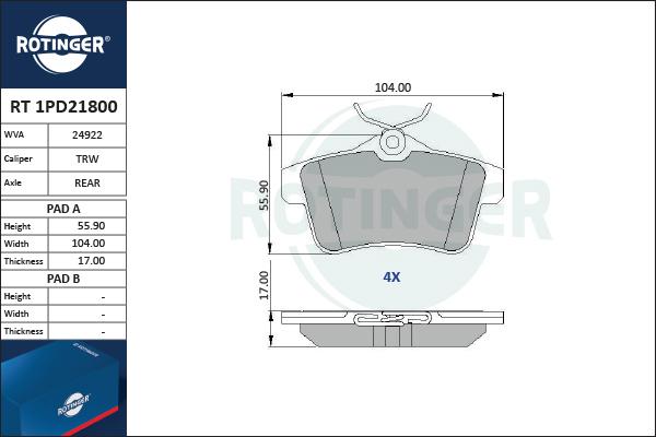 Rotinger RT 1PD21800 - Brake Pad Set, disc brake autospares.lv