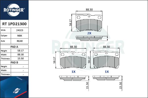 Rotinger RT 1PD21300 - Brake Pad Set, disc brake autospares.lv