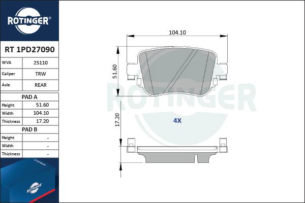 Rotinger RT 1PD27090 - Brake Pad Set, disc brake autospares.lv