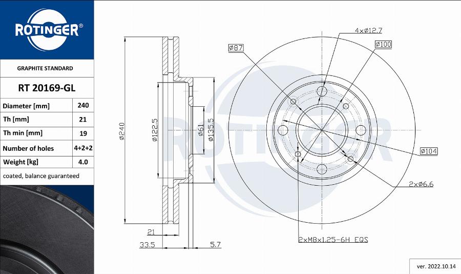 Rotinger RT 20169-GL - Brake Disc autospares.lv