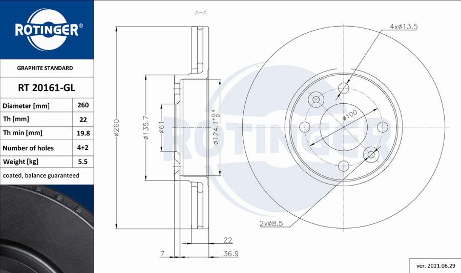 Rotinger RT 20161-GL - Brake Disc autospares.lv