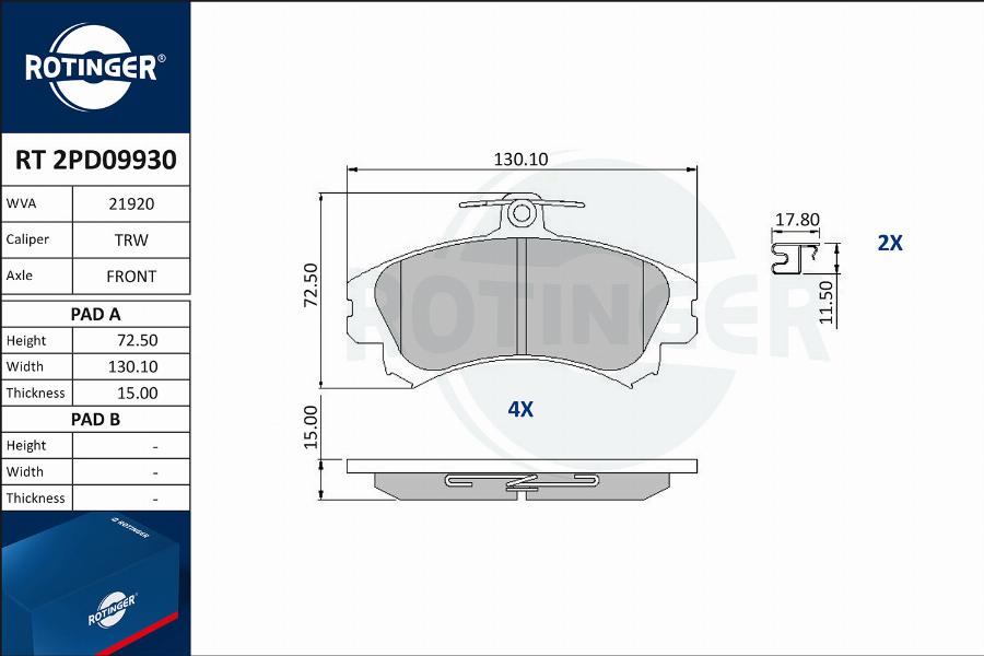 Rotinger RT 2PD09930 - Brake Pad Set, disc brake autospares.lv