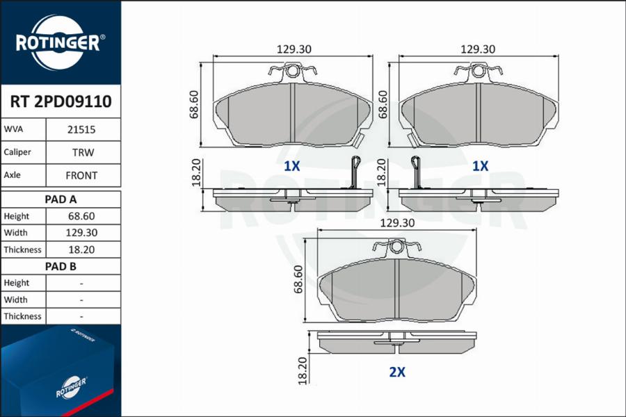 Rotinger RT 2PD09110 - Brake Pad Set, disc brake autospares.lv