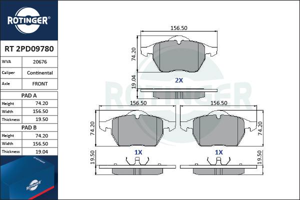 Rotinger RT 2PD09780 - Brake Pad Set, disc brake autospares.lv